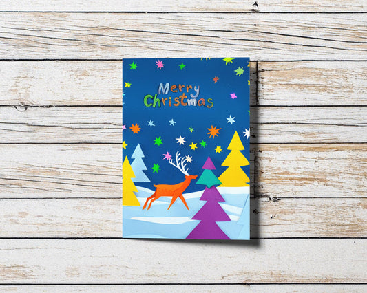 Christmas Card | Modern Winter Scene | Whimsical Reindeer | Colorful Trees | Starry Night Design