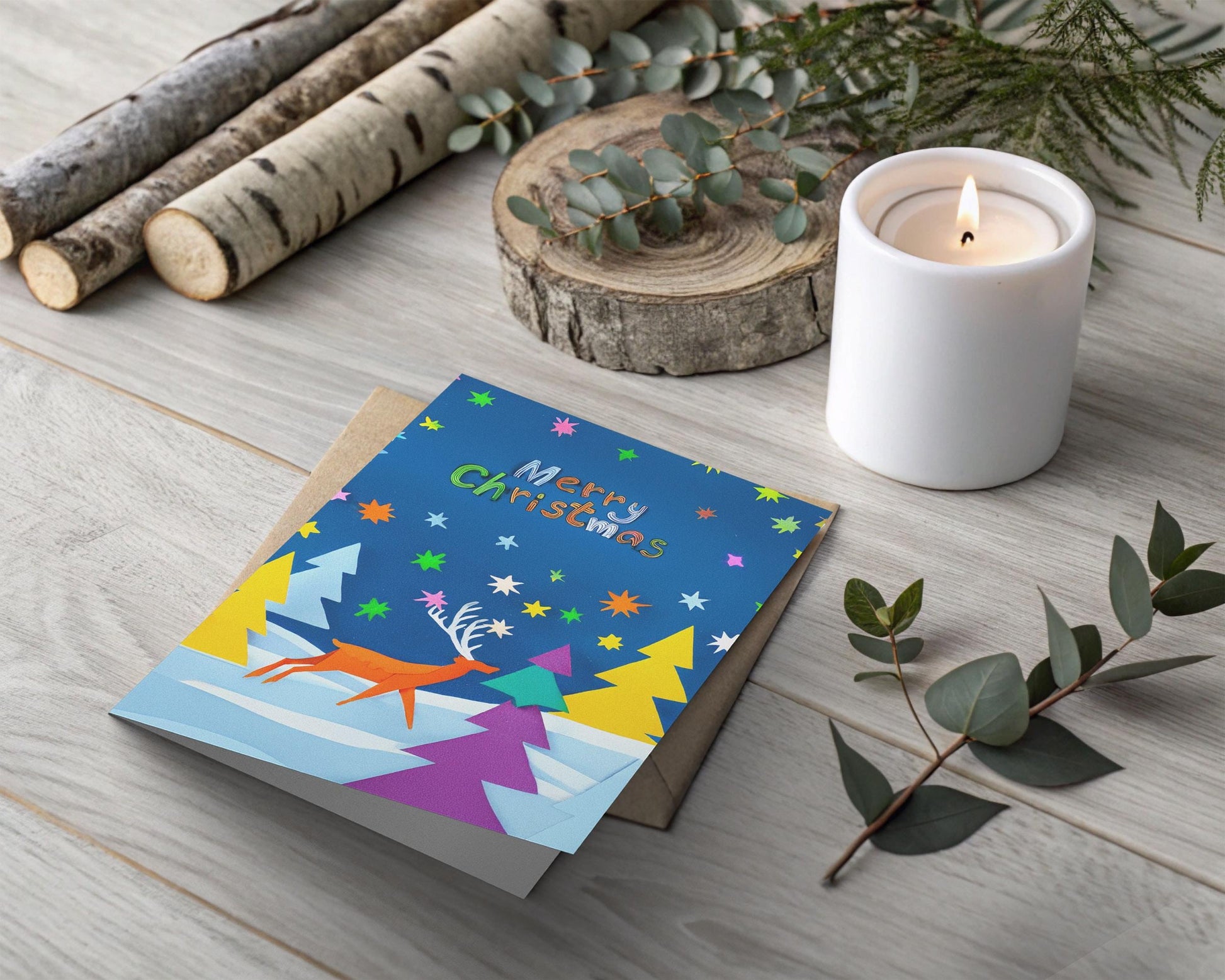 Starry Night Christmas | Whimsical Reindeer Card | Modern Festive Design | Colorful Typography