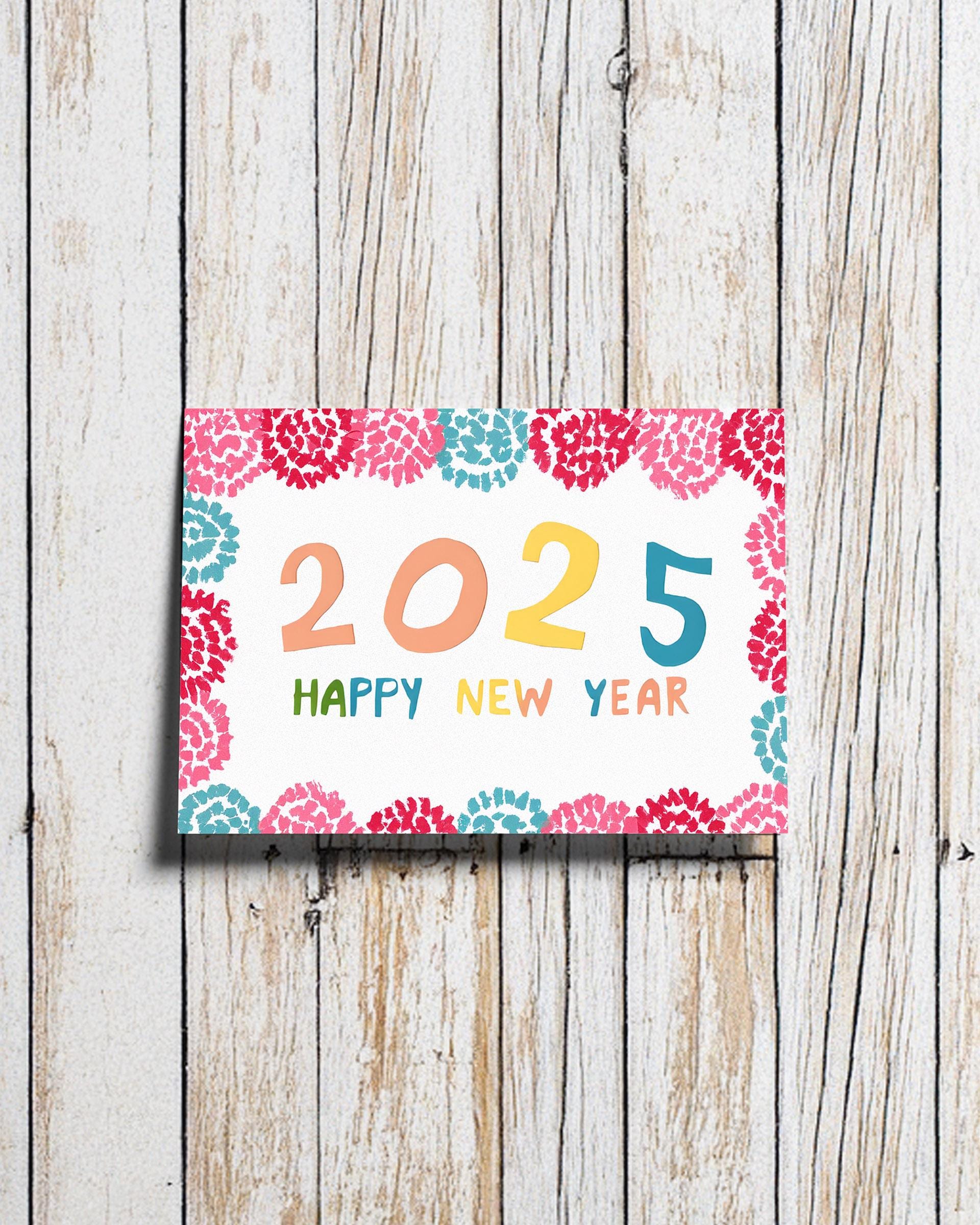 2025 Festive Card | Hand-Drawn New Year Greeting | Vibrant Colors | Floral Border | George Miller Art