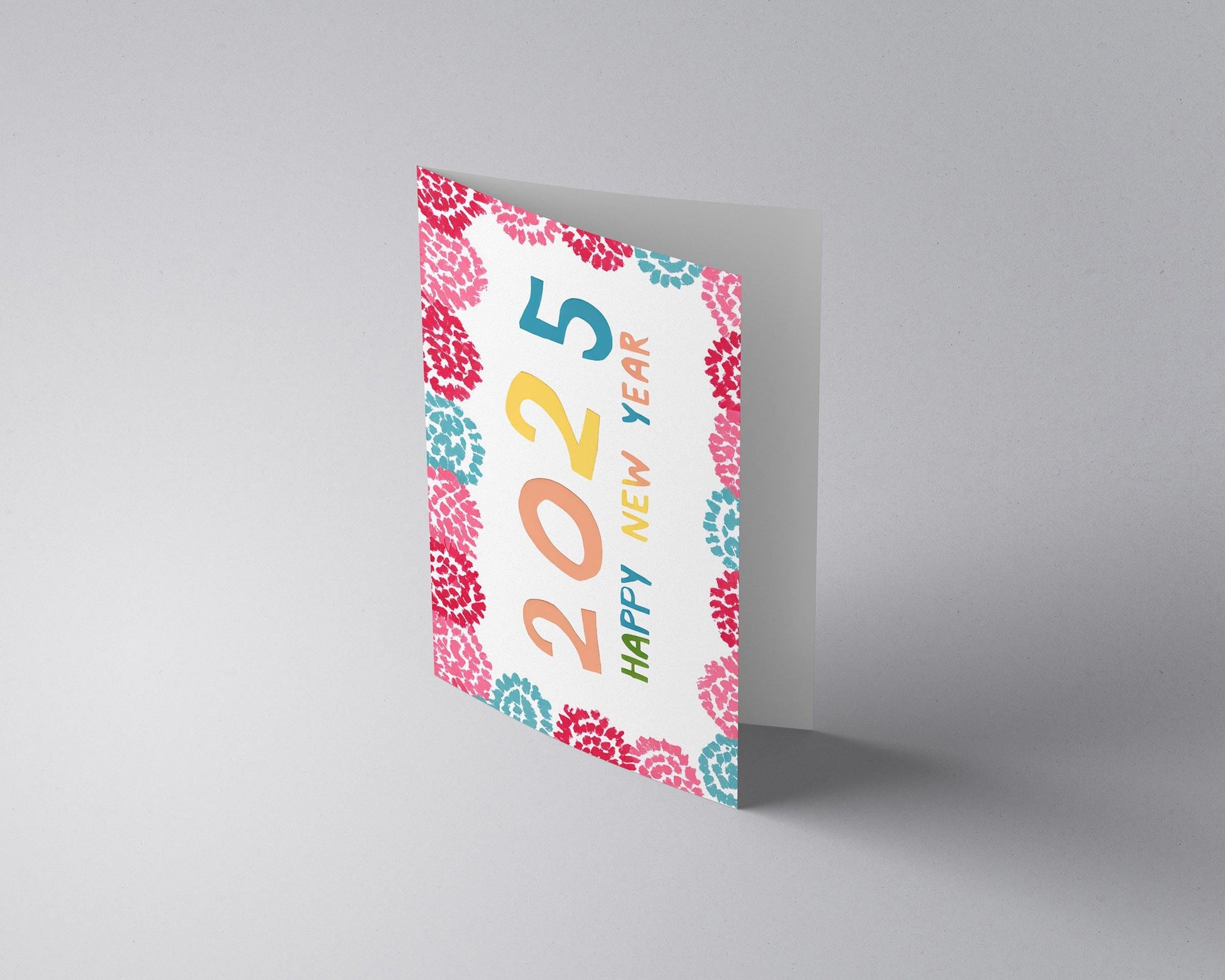 Colorful 2025 Happy New Year Card | Hand-Drawn Festive Design | Floral Border | Joyful Greeting