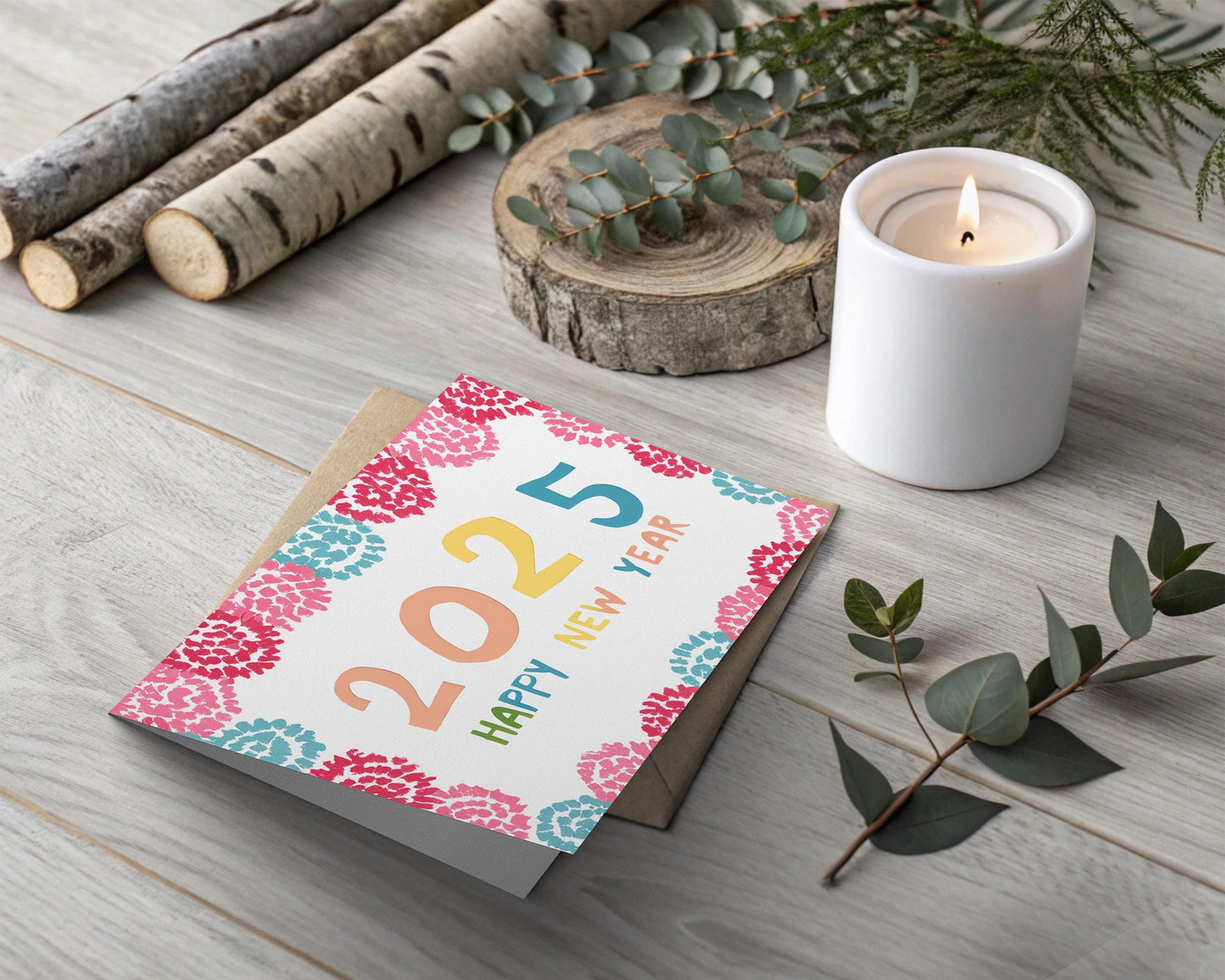 2025 New Year Card | Colorful Hand-Drawn Design by George Miller | Festive Floral Border | Happy New Year Greeting