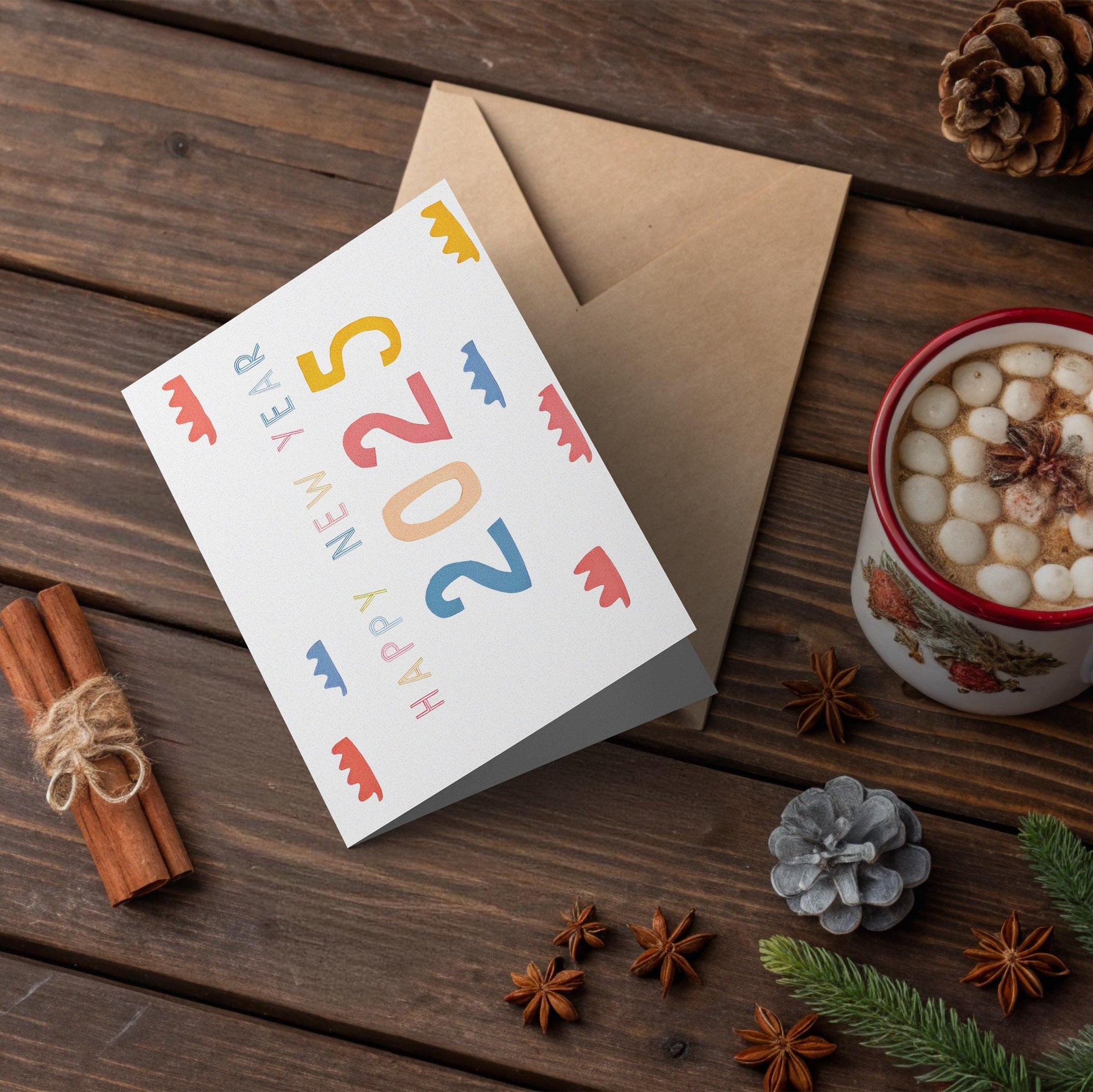 Cheerful 2025 New Year Card Minimalist Design Colorful Text Holiday Greeting Abstract Shapes