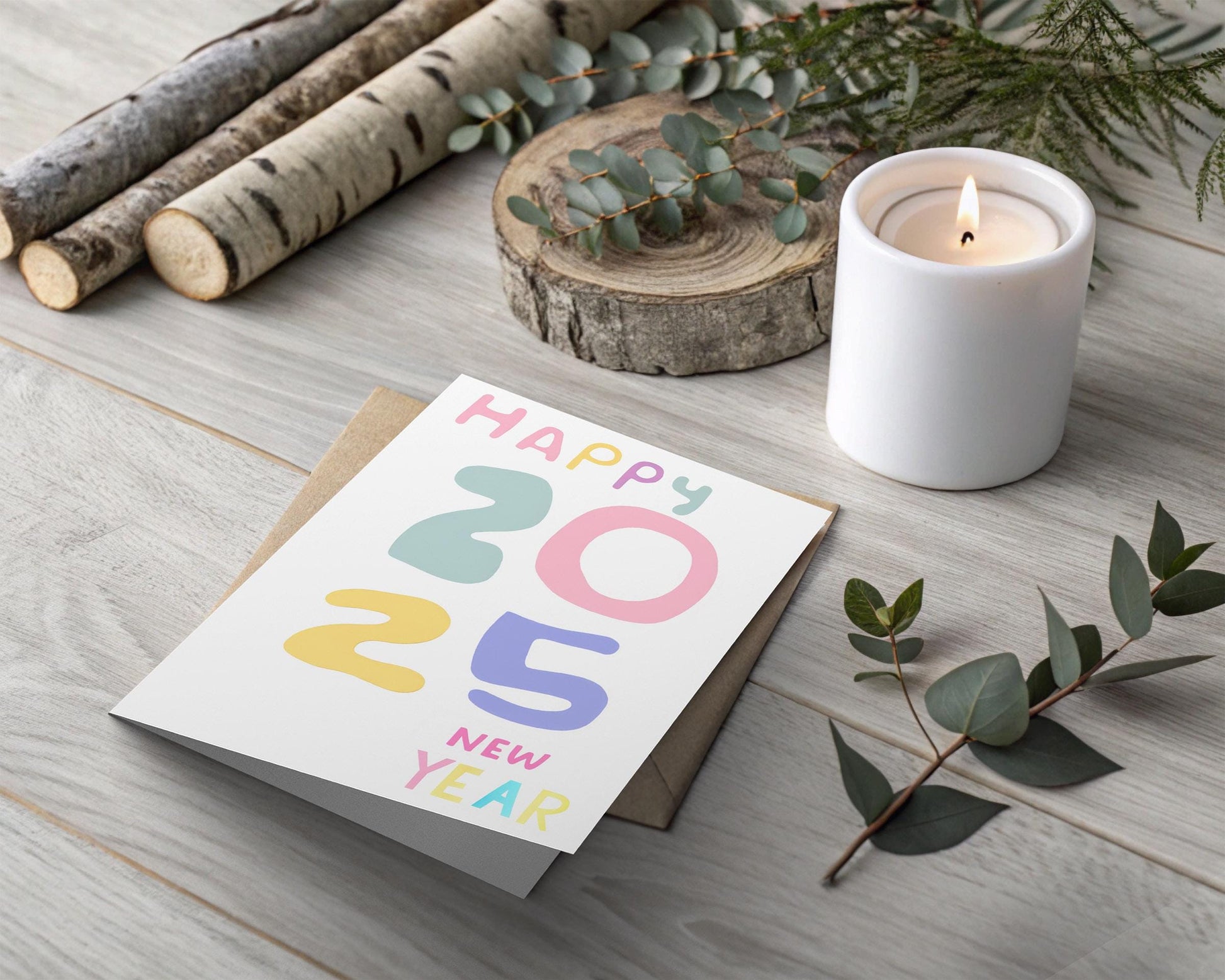 Colorful 2025 Card | Modern New Year Wish | Whimsical Typography | Cheerful Pastels