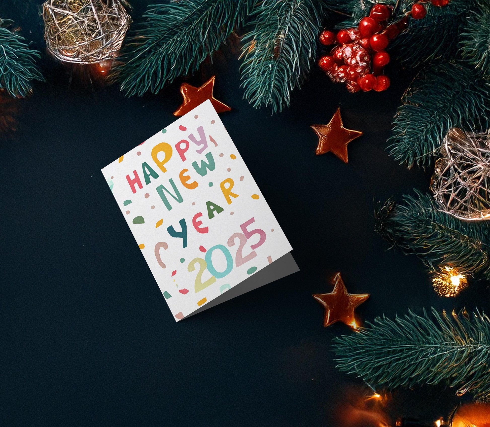 Colorful 2025 Happy New Year Card | Hand-Drawn Festive Design | Confetti Joy | Playful Greeting