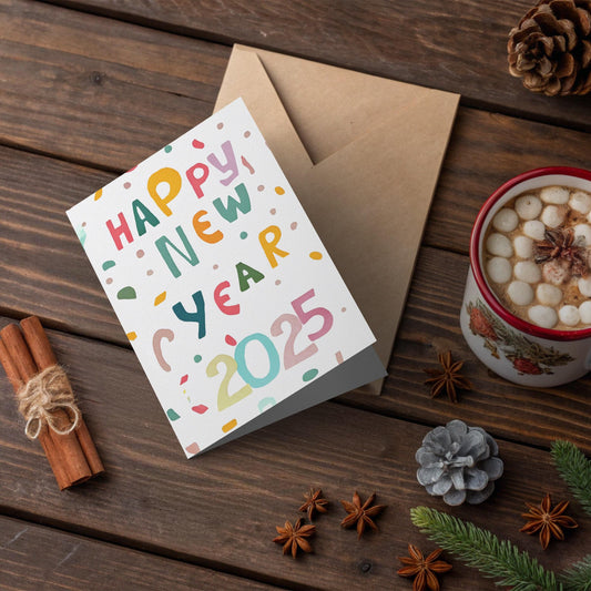 2025 New Year Card | Colorful Confetti Design by George Miller | Festive Hand-Drawn Text | Happy New Year Greeting