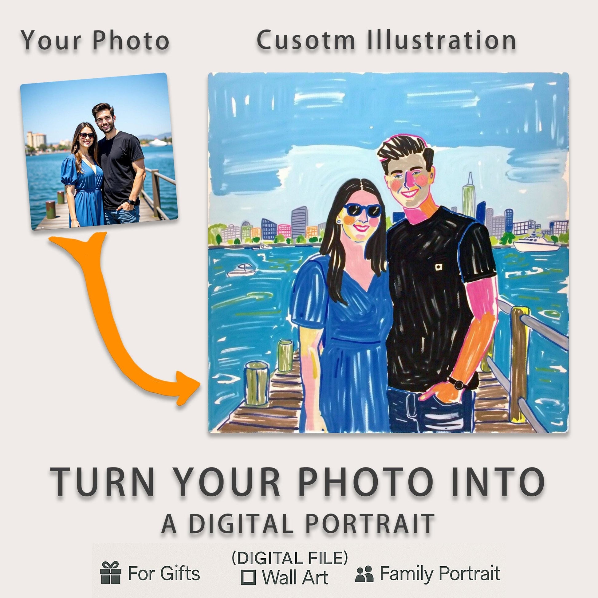 Custom Portrait from Photo – Couple, Pet, or Family – Turn Your Favorite Moment into a Handcrafted Digital Artwork, 1-Day Delivery