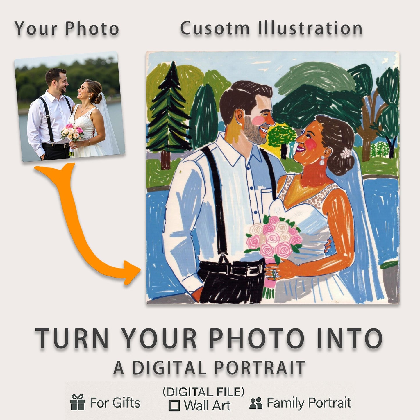 Custom Wedding Portrait – Hand-Drawn Digital Art from Photo – Perfect Personalized Gift for Couples & Anniversaries