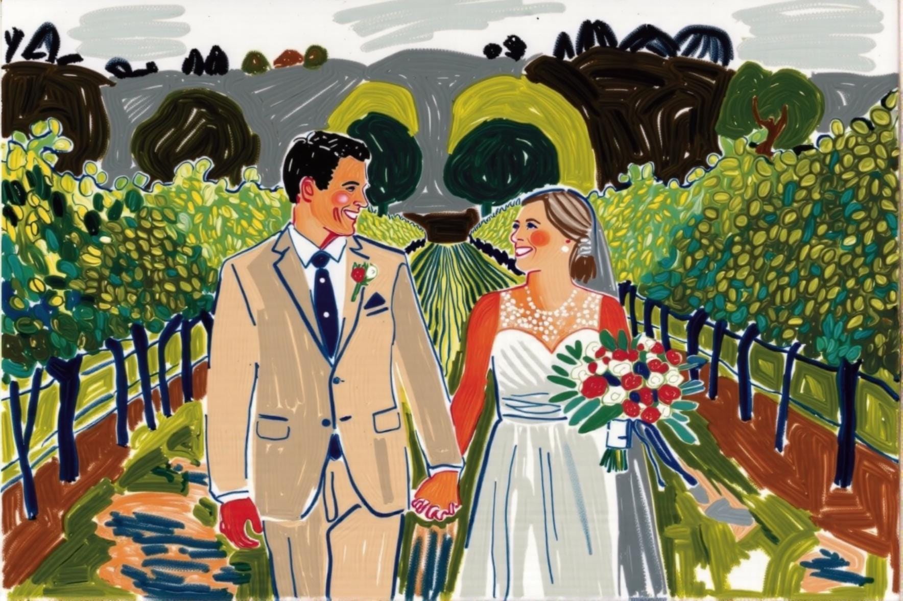 A custom wedding portrait depicting a couple walking through a vineyard, illustrated in a charming, hand-drawn style with a serene and romantic atmosphere.