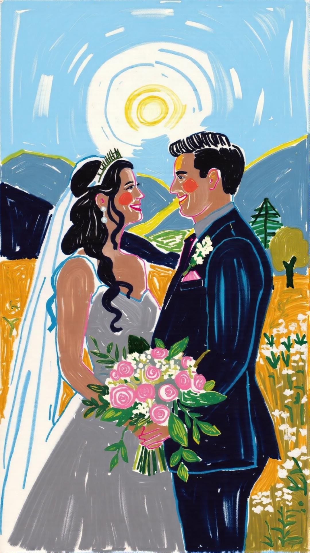A custom wedding portrait depicting a newlywed couple in a field, illustrated in a charming, hand-drawn style with a serene and romantic atmosphere.