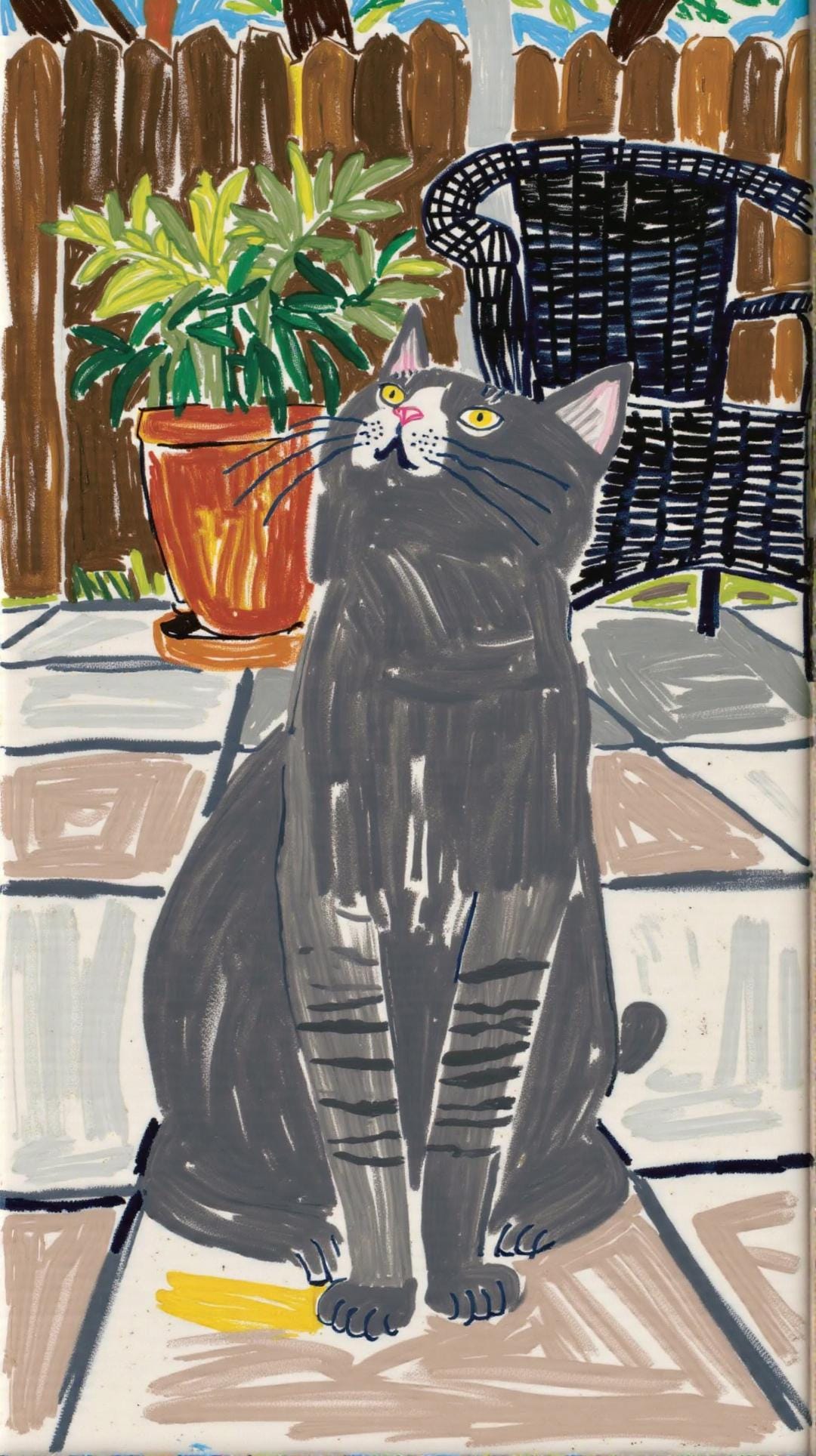 Gray Cat Portrait: Simple, hand-painted portrait of a gray cat on a patio, looking up at the sky. Fresh and natural style with a fence and potted plant in the background.