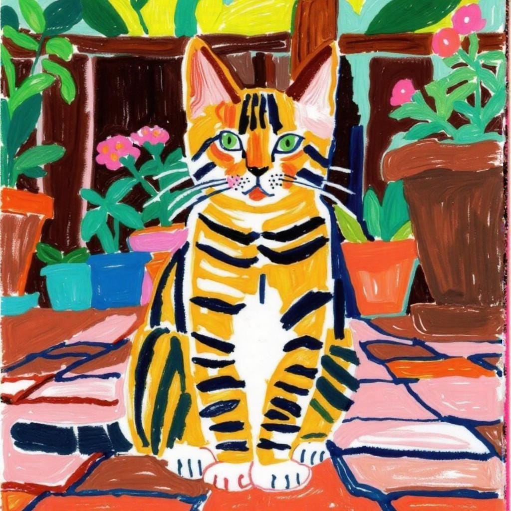 Tabby Cat Portrait: Lively hand-painted portrait of a tabby cat on a tiled patio with potted plants. The warm, hand-drawn style adds a cozy touch to any home decor.