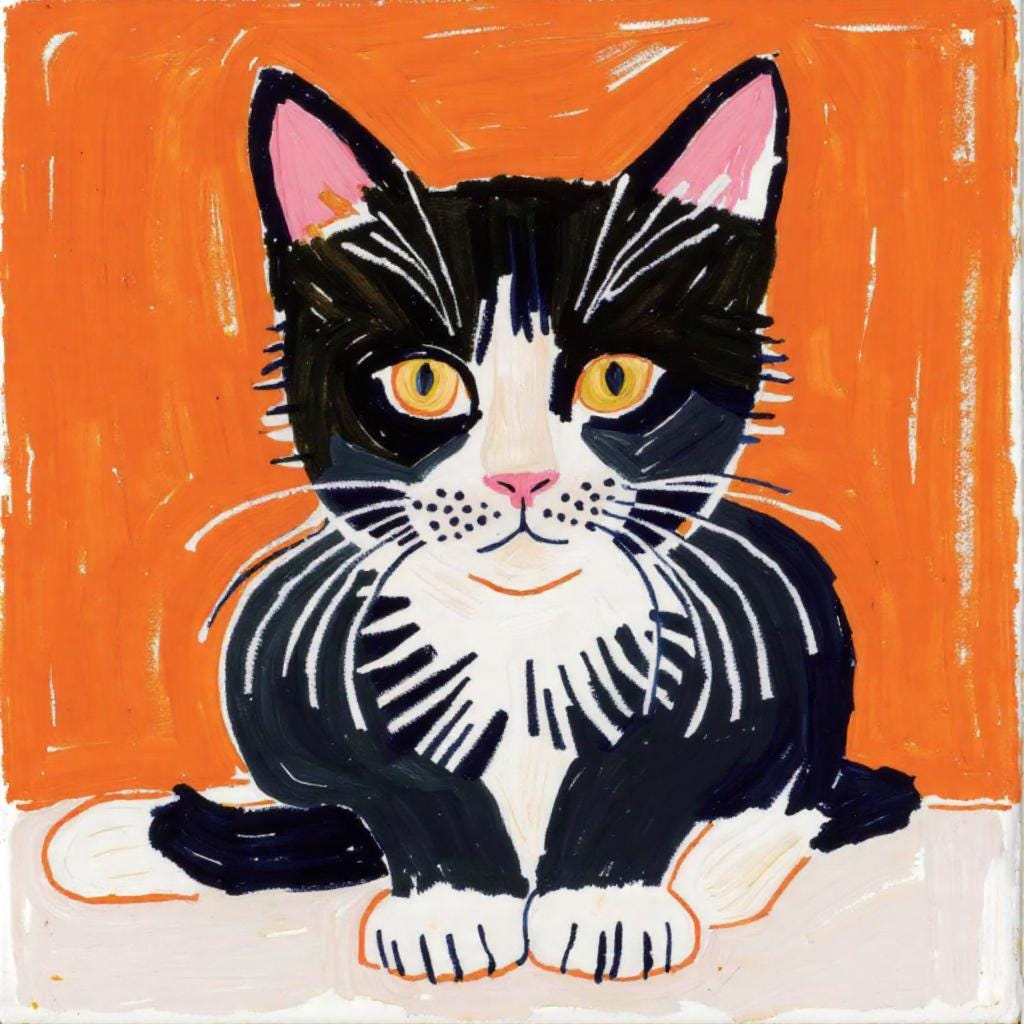 Black and White Cat Portrait: Minimalist, hand-painted portrait of a black and white cat against a simple background. Perfect for those who appreciate clean and simple styles.