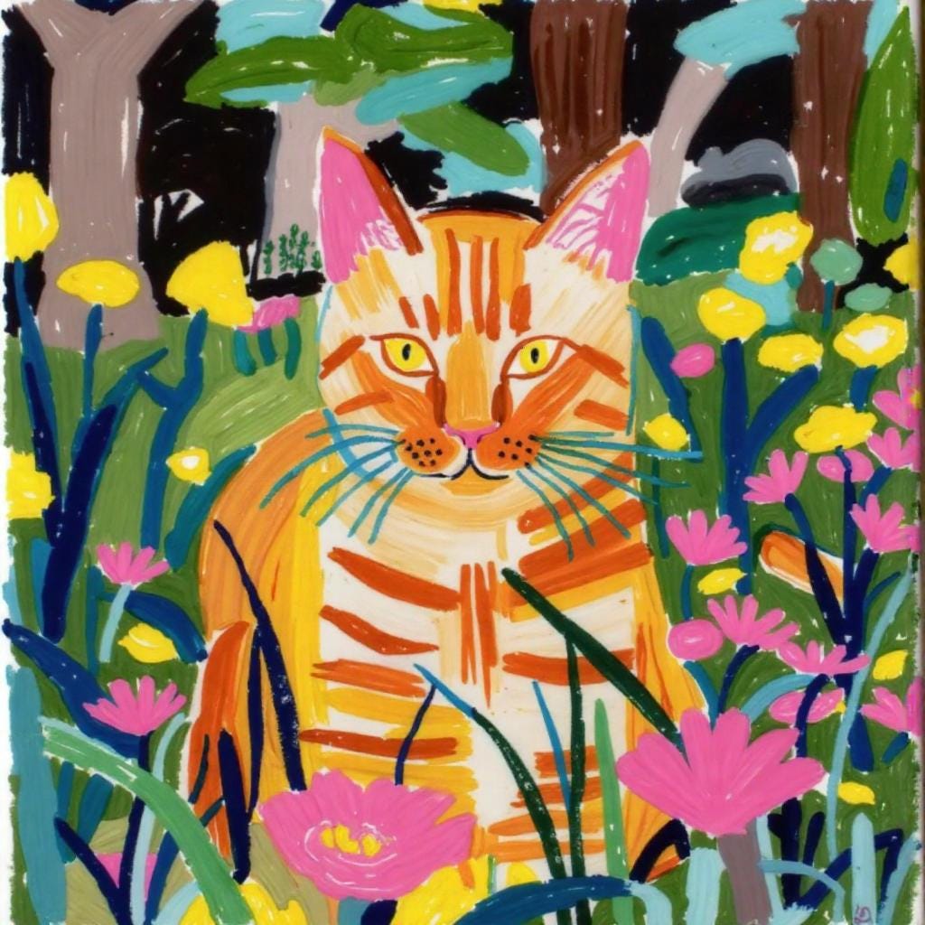 Ginger Cat Portrait: Hand-painted portrait of a ginger cat in a field of flowers, full of vibrant colors and life. A perfect way to express love for your pet with a unique artistic touch.