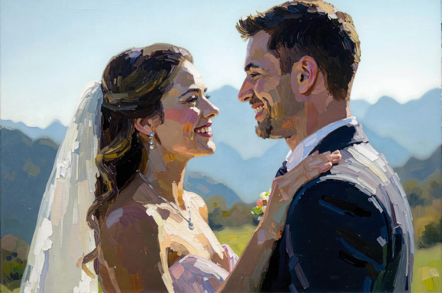 Wedding Couple with Mountains: Digital impasto oil painting of a wedding couple with a mountain backdrop. Custom wedding portrait, a unique anniversary gift. Fast 1-day delivery!