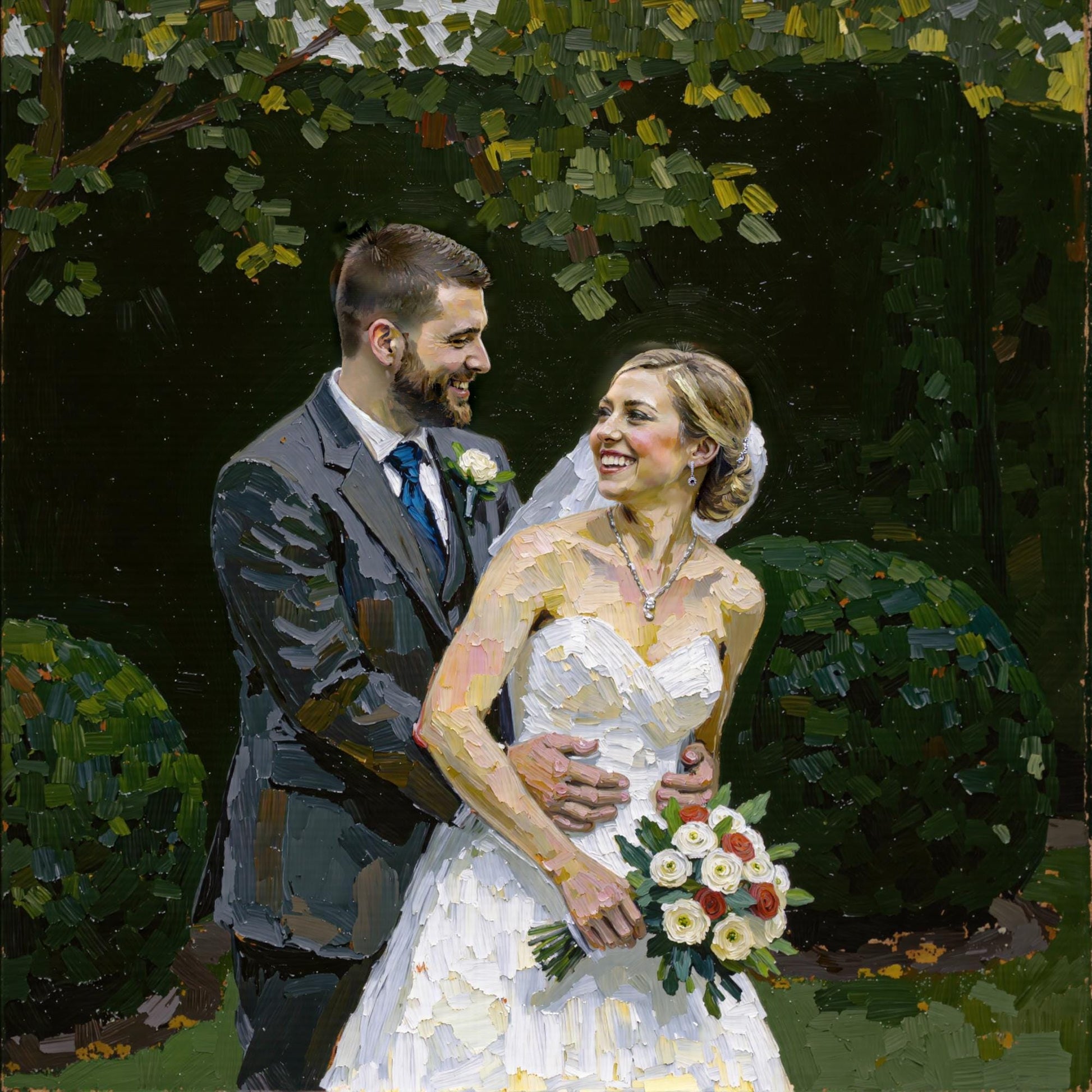 Wedding Couple in Garden: Digital impasto oil painting of a wedding couple in a garden setting. Custom wedding portrait, a unique anniversary gift. Fast 1-day delivery!