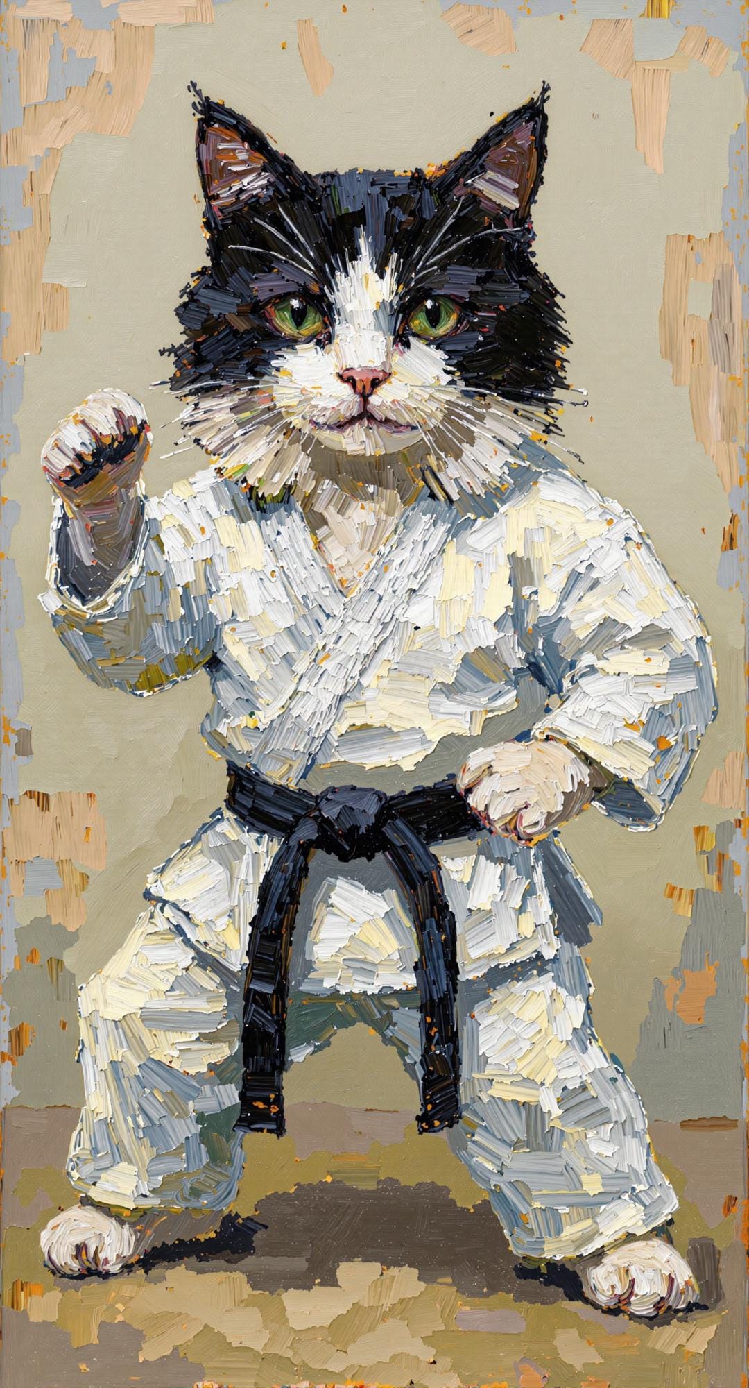 A whimsical pet portrait of a black and white cat dressed in a karate gi with a black belt, painted in a thick oil style with textured brushstrokes.