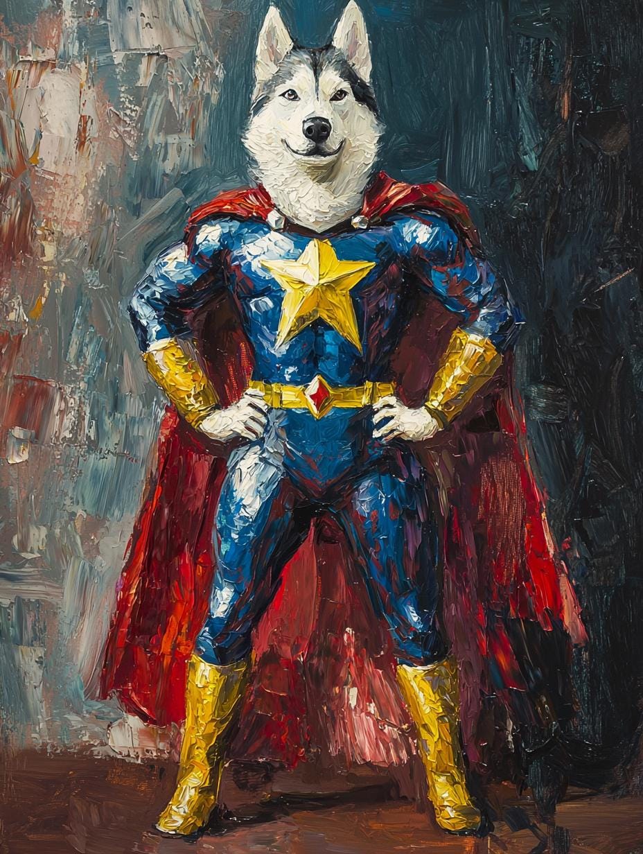 A whimsical pet portrait of a husky dressed as a superhero with a red cape, painted in a thick oil style with textured brushstrokes.