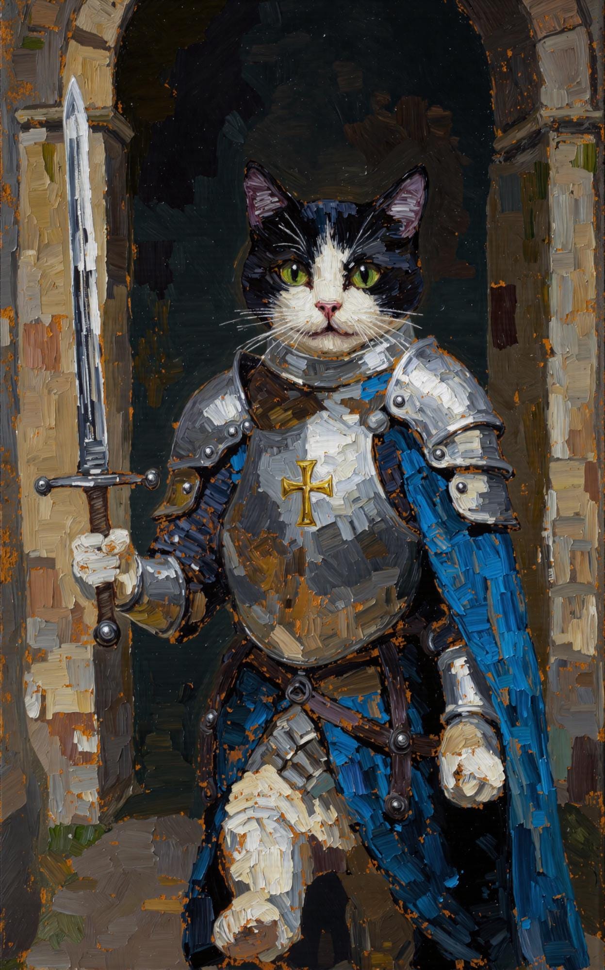A whimsical pet portrait of a black and white cat dressed as a knight in shining armor, holding a sword, painted in a thick oil style with textured brushstrokes.