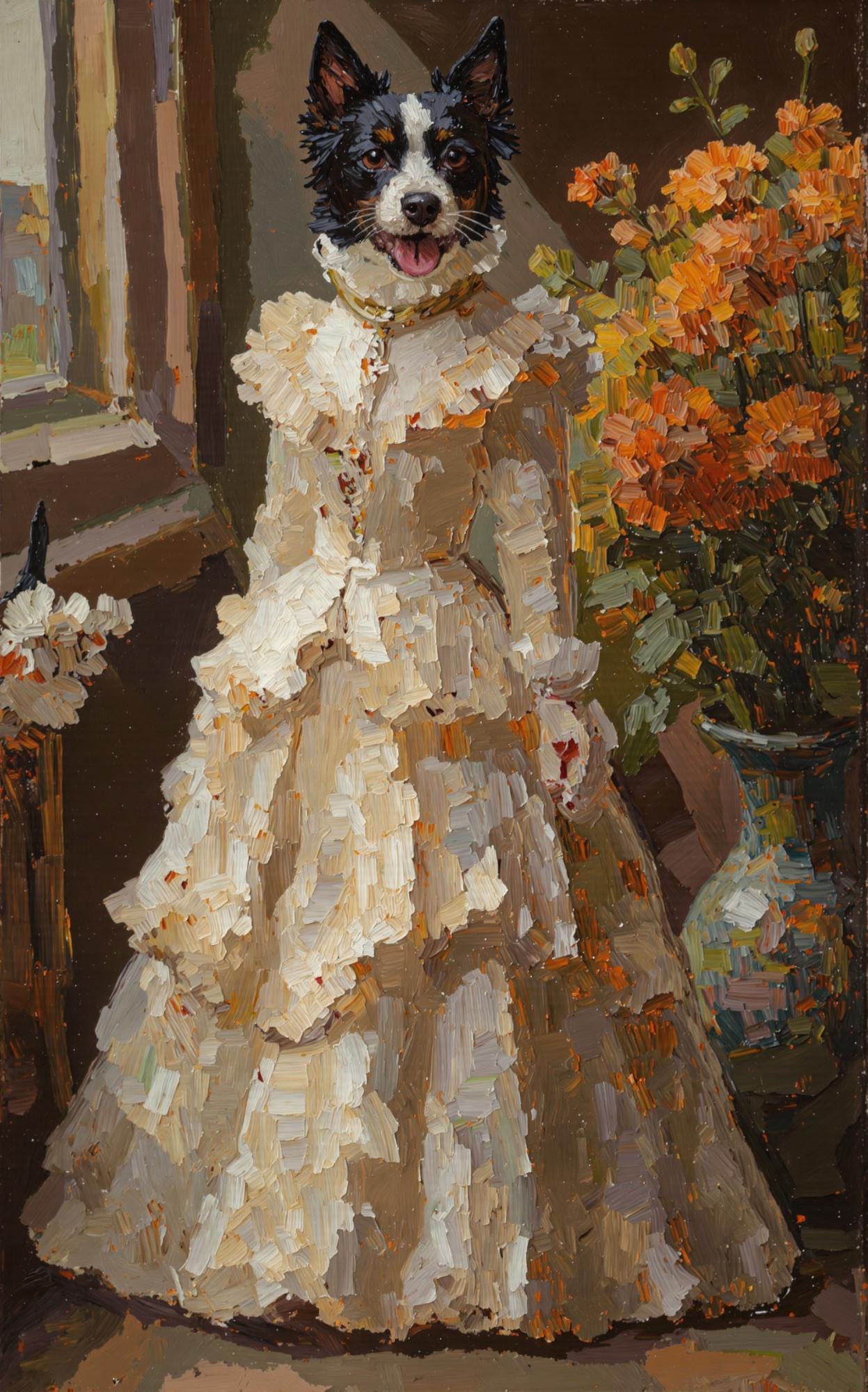 A whimsical pet portrait of a dog dressed in a vintage white gown with ruffles, painted in a thick oil style with textured brushstrokes.