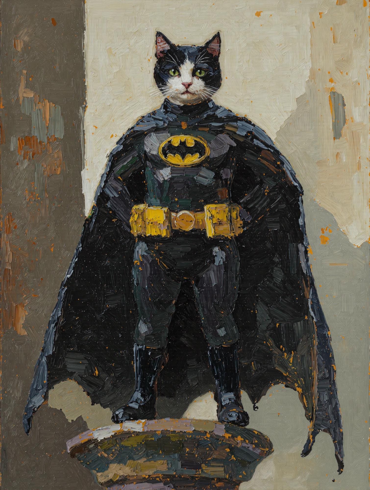 A whimsical pet portrait of a black and white cat dressed as Batman, standing on a pedestal, painted in a thick oil style with textured brushstrokes.