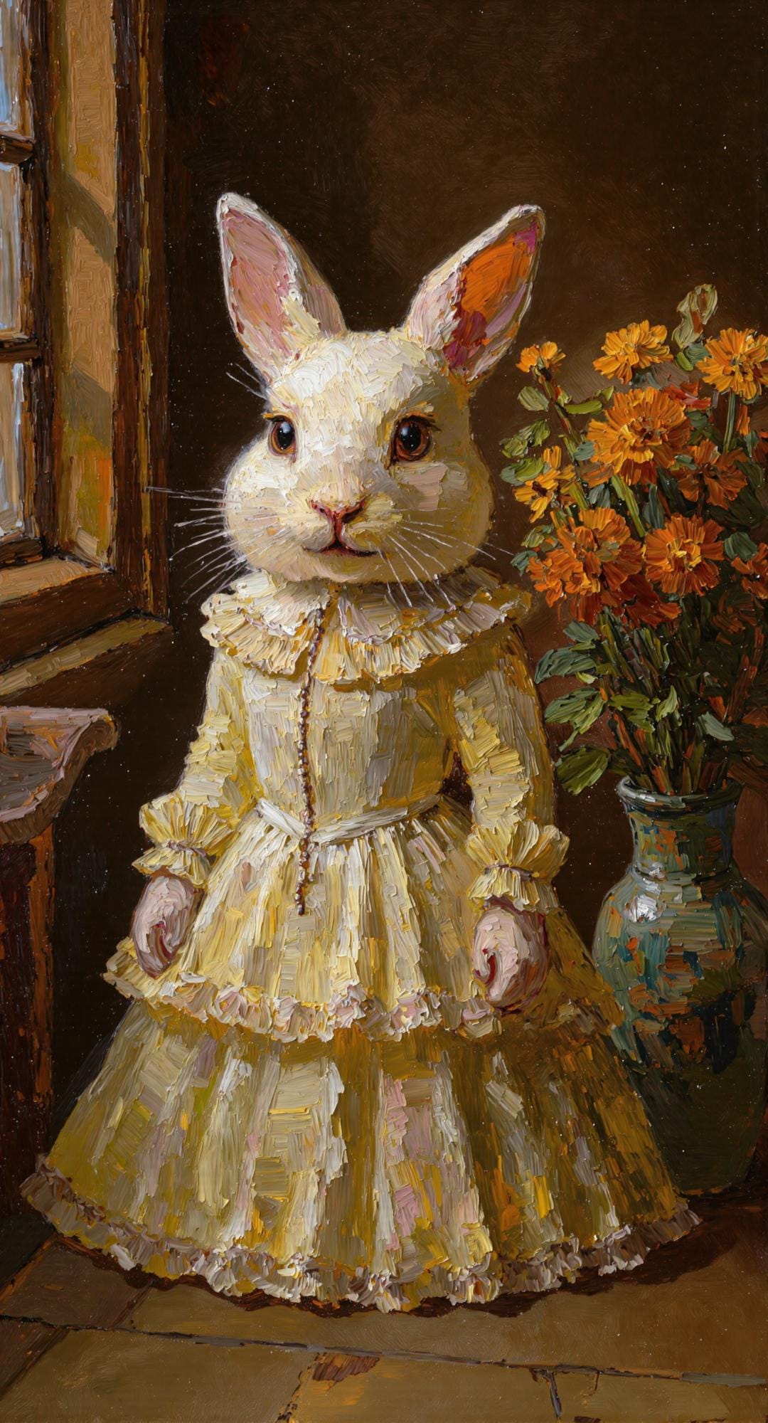 A whimsical pet portrait of a white rabbit dressed in a vintage yellow dress with ruffles, painted in a thick oil style with textured brushstrokes.