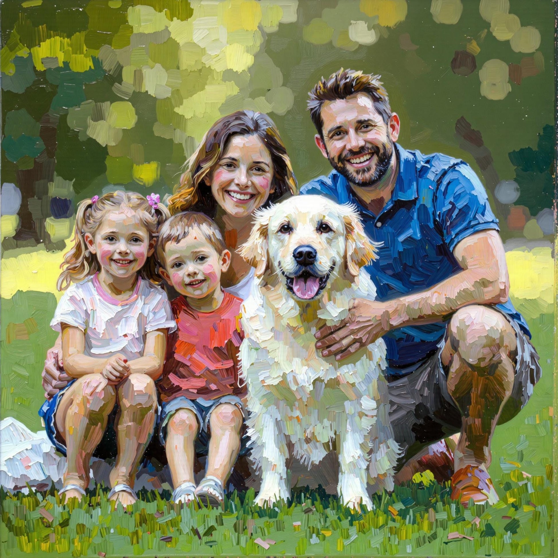 Family with Golden Retriever: Custom family portrait in vibrant impasto style. Family with two kids and a Golden Retriever. Up to 3 people/pets. High-res digital painting!