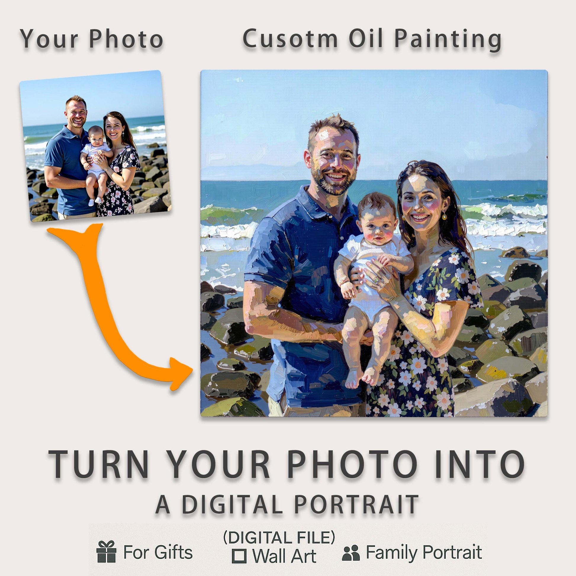 Custom Family Portrait Digital Painting – Vibrant Impasto Style, Up to 3 People/Pets, High-Res - Personalized Family Portrait