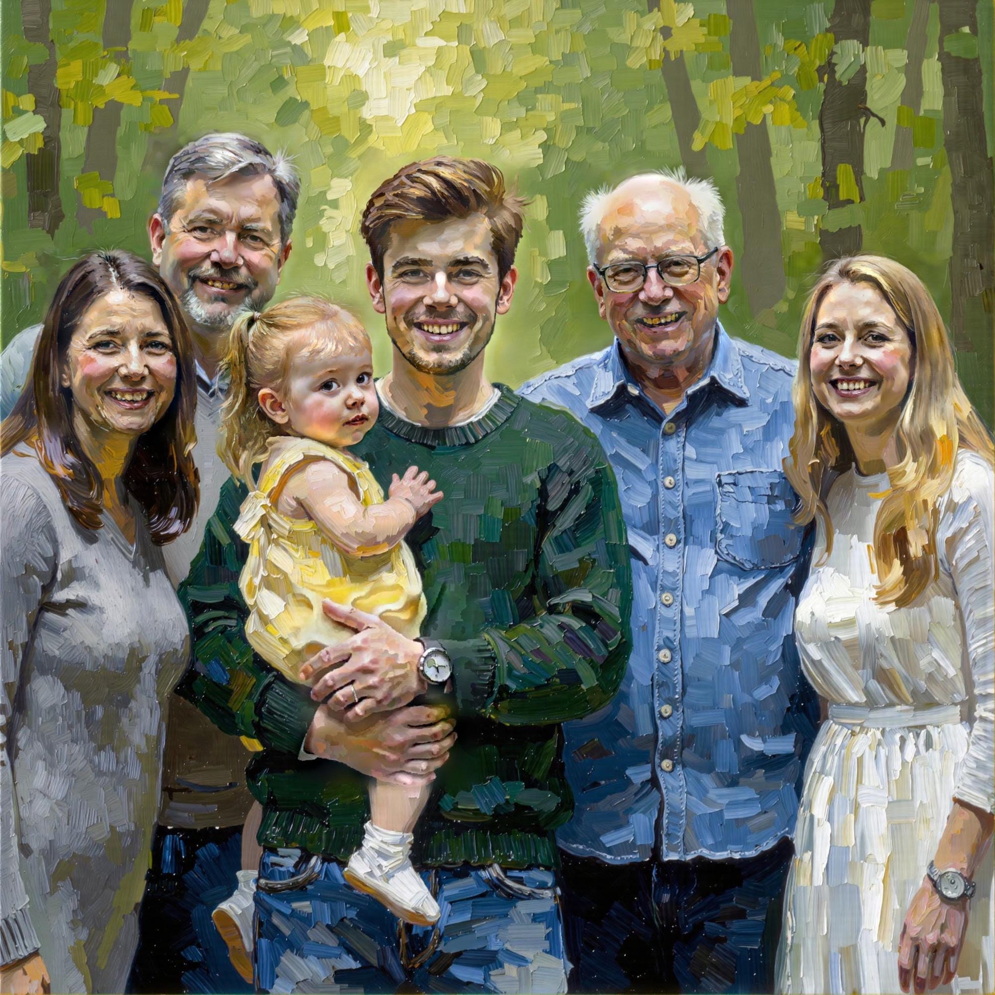 Extended Family Portrait: Vibrant impasto style digital painting of an extended family. Custom family portrait, high-res personalized art. More than 3 people/pets.