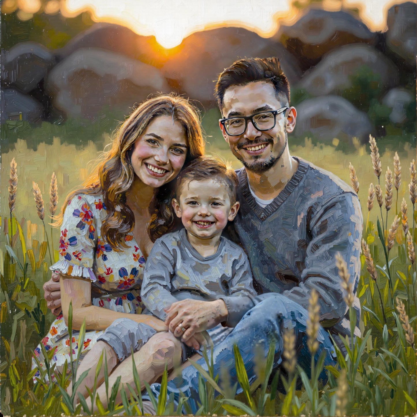 Family in Field at Sunset: Vibrant impasto style digital painting of a family in a field at sunset. Custom family portrait, up to 3 people/pets. High-res personalized art!