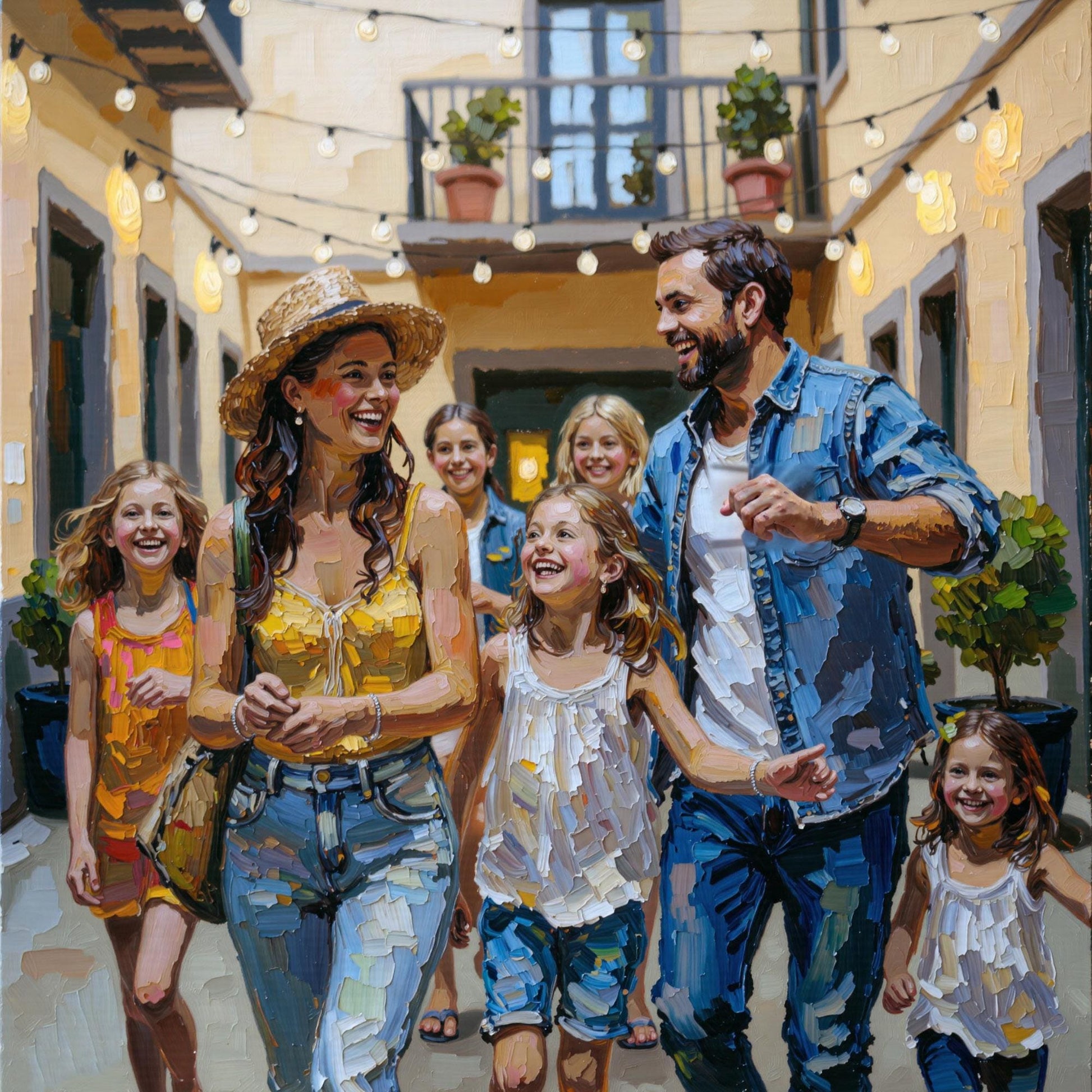 Family Walking Under Lights: Custom family portrait in vibrant impasto style. Family walking under festive lights. More than 3 people/pets. High-res digital painting!