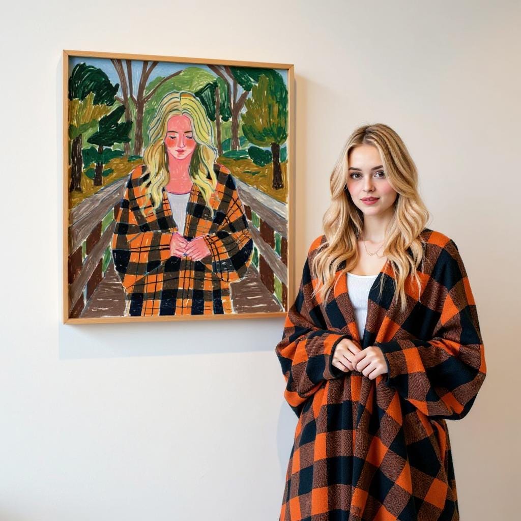 Personalized portrait on canvas, showcasing a woman in a plaid coat standing next to her painted portrait. The artwork features expressive brushstrokes and vibrant colors, set in a light wood frame.