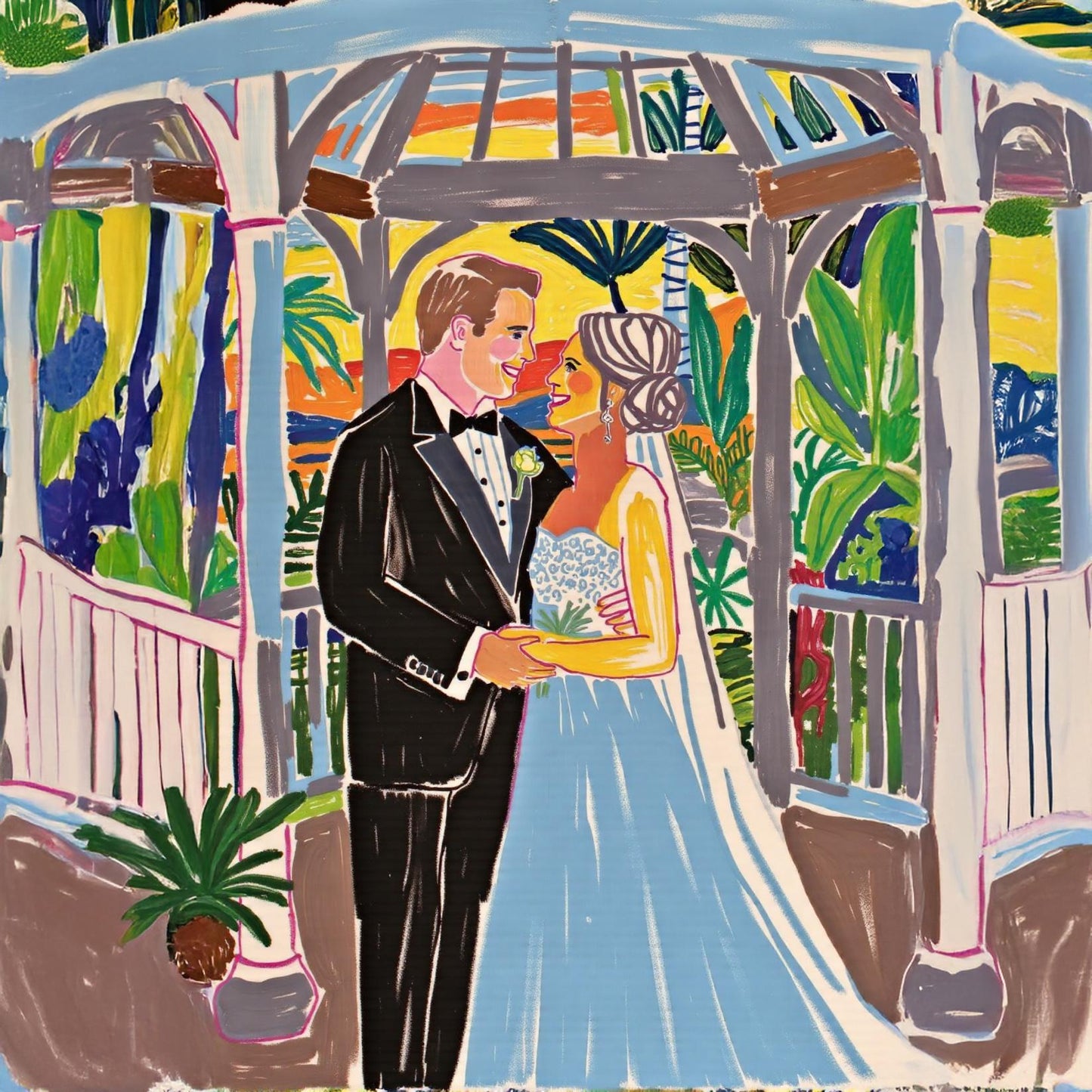 Close-up of a custom wedding portrait, showcasing a couple in a gazebo with a colorful tropical background. The artwork is a vibrant giclée canvas print, capturing the joy and romance of the occasion.