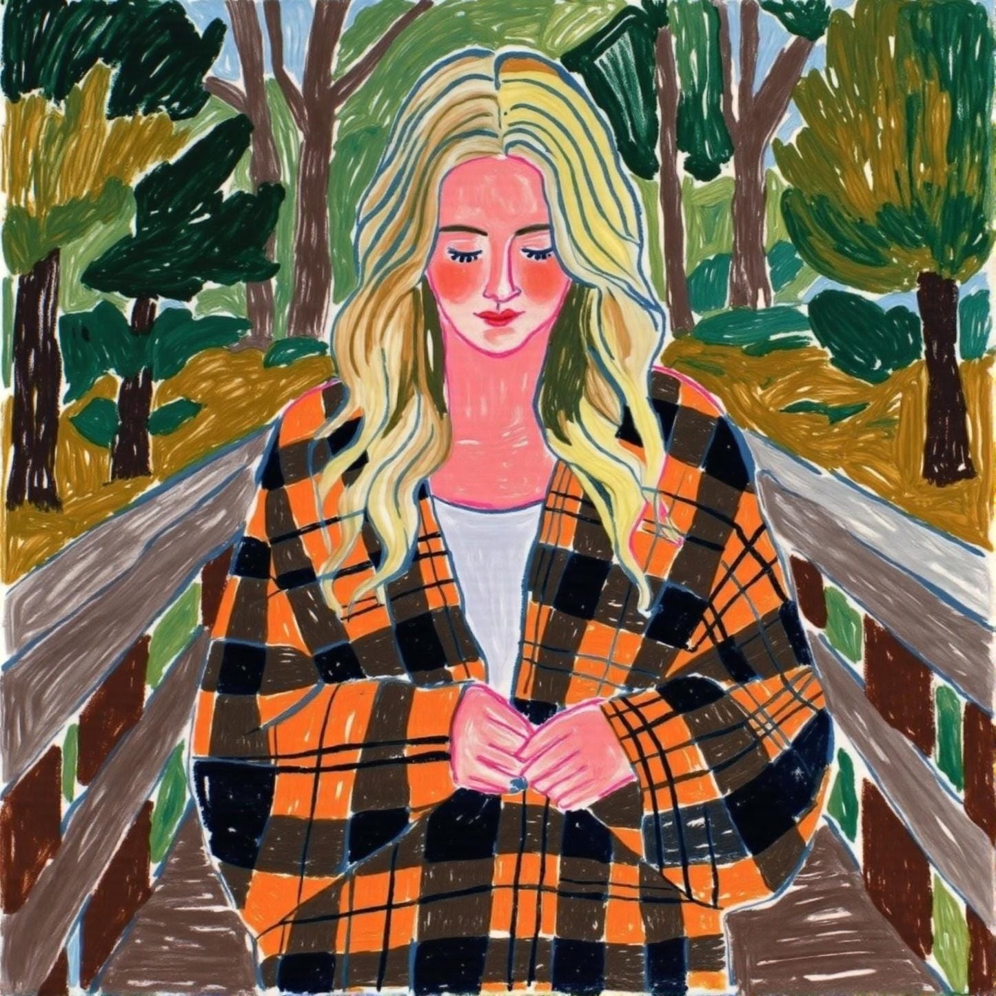 Close-up of a custom canvas portrait, displaying a woman in a plaid coat against a stylized landscape. The giclée print captures the essence of a hand-painted piece with visible texture and brushwork.
