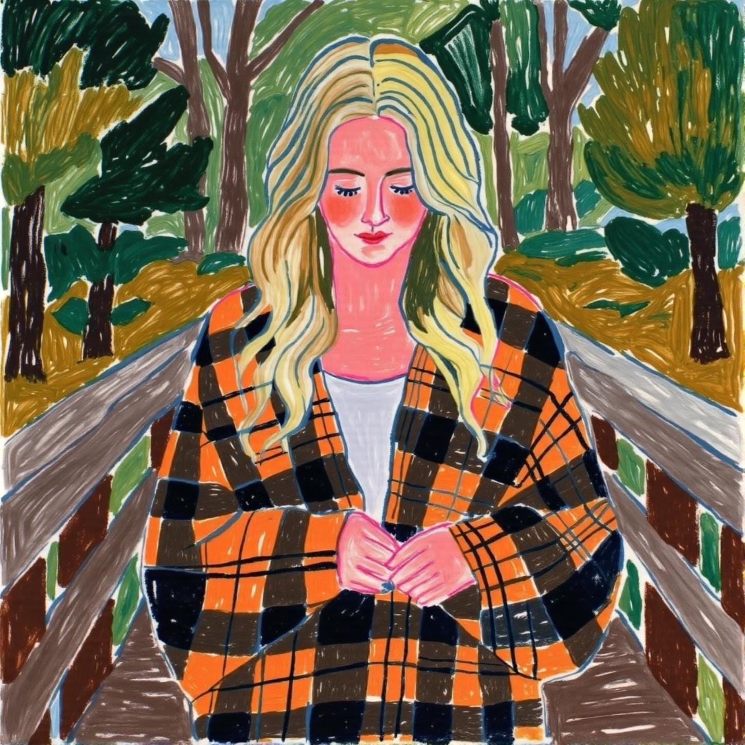 Close-up of a custom canvas portrait, displaying a woman in a plaid coat against a stylized landscape. The giclée print captures the essence of a hand-painted piece with visible texture and brushwork.