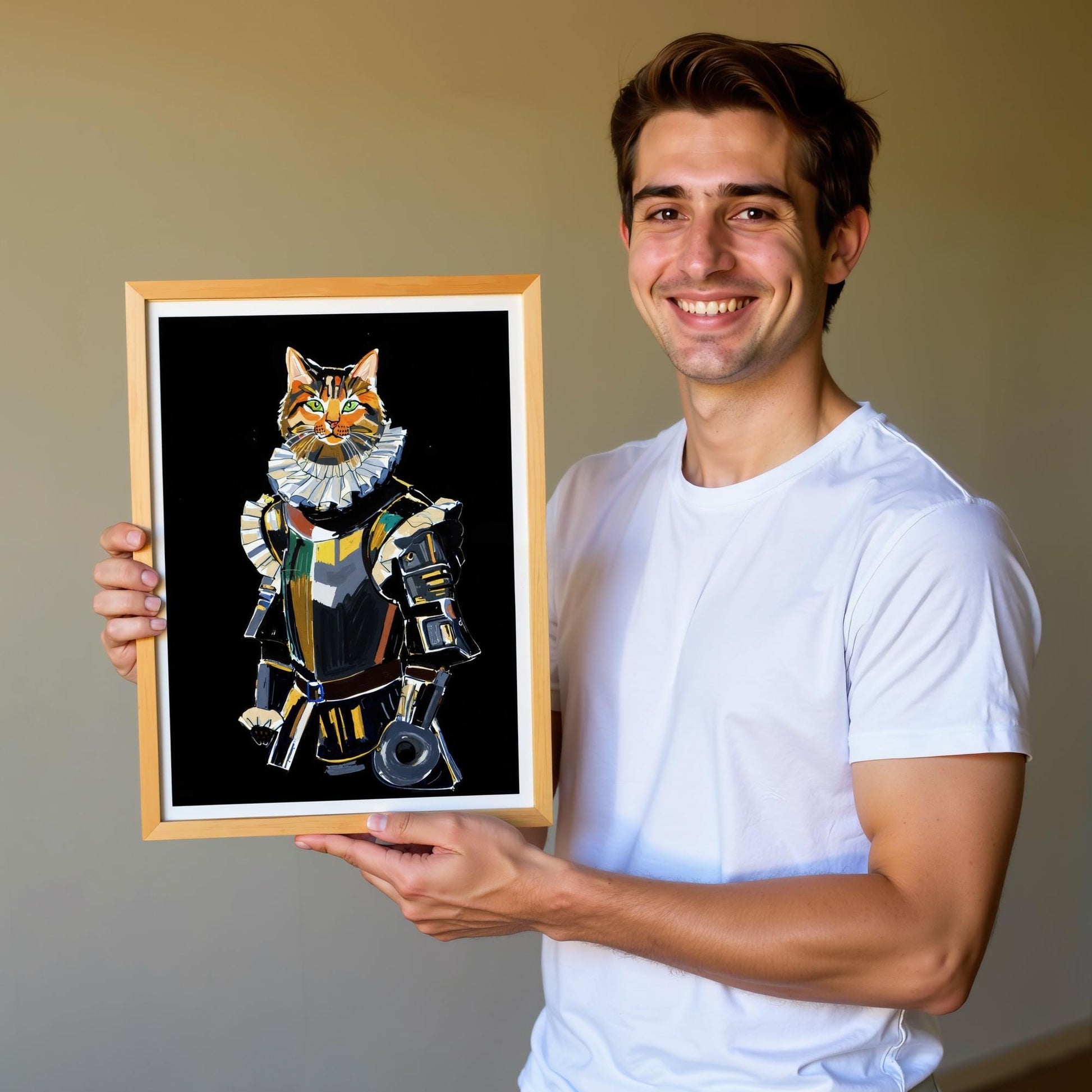 A smiling man holds a custom pet portrait on canvas, featuring a cat dressed as a knight in shining armor. The whimsical art captures the heroic spirit of the pet with vibrant colors.