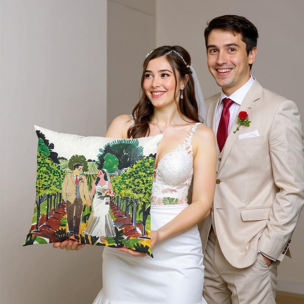 ​​Pillow showing a couple in a green garden. Watercolor - style, soft fabric, standard size, wedding memory.