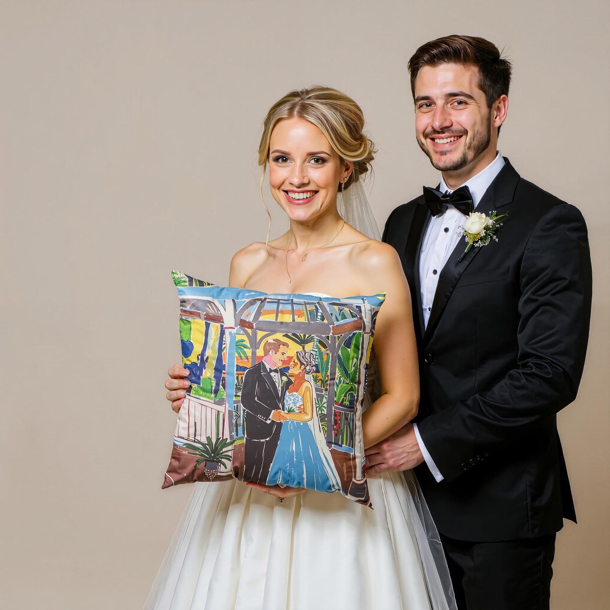 ​​Square pillow with a couple under a gazebo. Rich colors, standard size, personalized wedding keepsake.