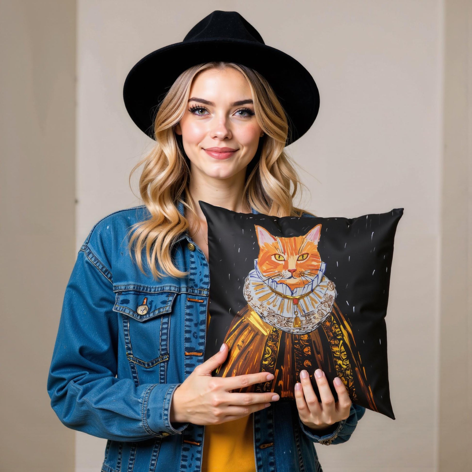 A woman holds a custom pet portrait pillow featuring a regal illustration of a ginger cat dressed in a medieval-style collar and robe. The pillow makes a unique and humorous statement piece.