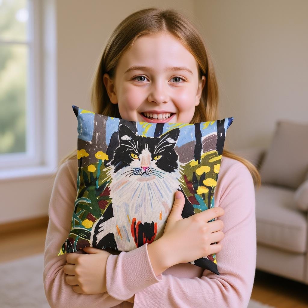 A smiling young girl holds a custom pet portrait pillow with an artistic rendering of a black and white cat amidst a garden scene. This personalized pillow captures the essence of a beloved pet.