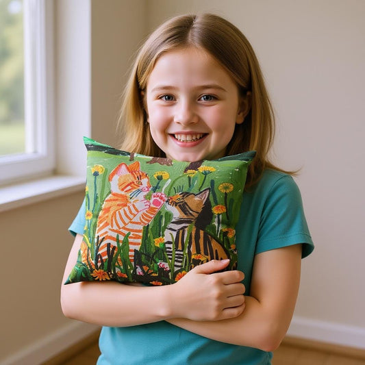 A smiling young girl holds a custom pet portrait pillow featuring two playful kittens in a field of dandelions, creating a charming and personalized keepsake.