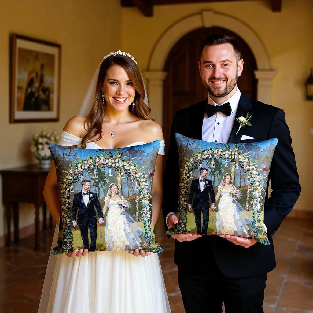 Oil Style Family Photo Pillow – Personalized Throw Cushion Gift