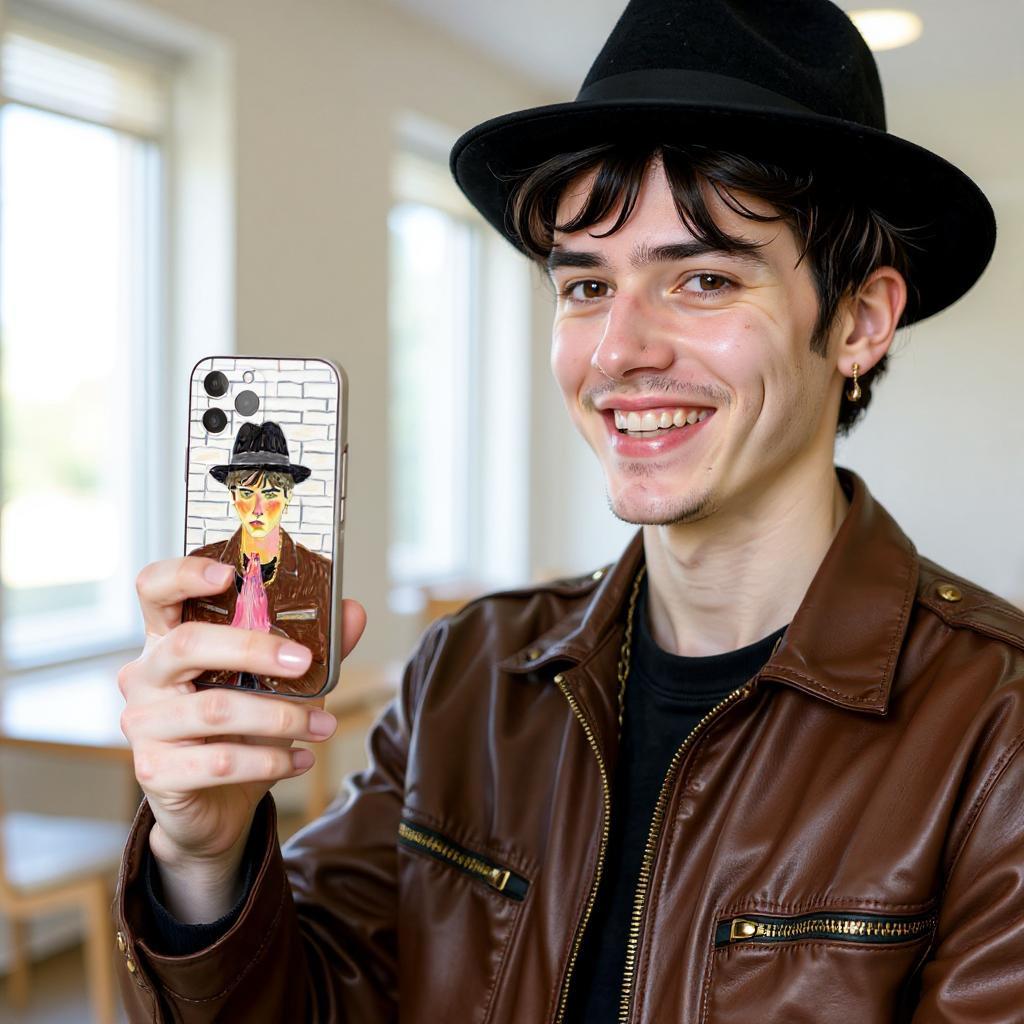 A man holds a personalized iPhone case with a custom portrait of a man in a hat and jacket, adding a personal touch to his everyday tech.