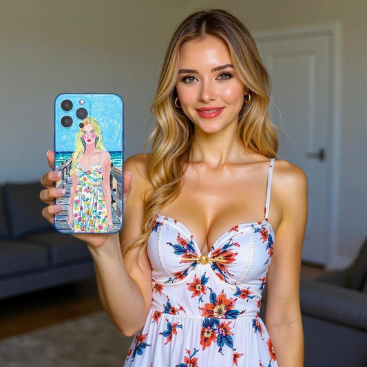 A woman holds a personalized iPhone case with a custom portrait of a woman in a floral dress on a pier, creating a unique and stylish accessory.