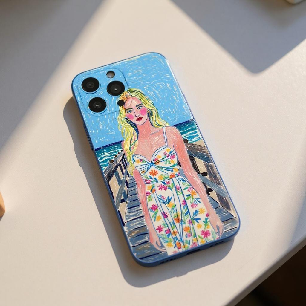 A personalized iPhone case with a custom portrait of a woman in a floral dress on a pier, set against a blue sky and ocean, creating a vibrant and artistic accessory.