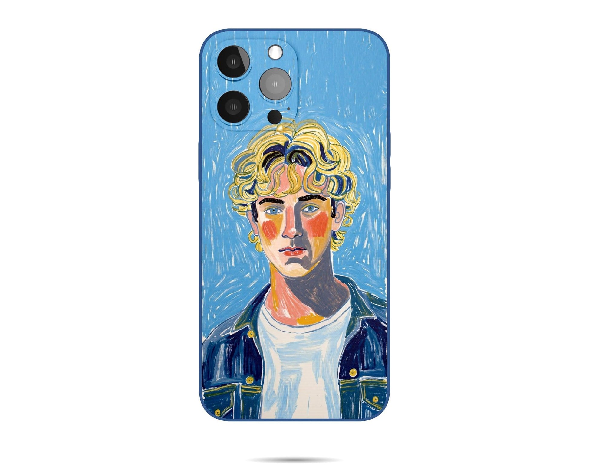 A personalized iPhone case featuring a custom portrait of a young man with curly hair and a denim jacket, creating a modern and artistic accessory.