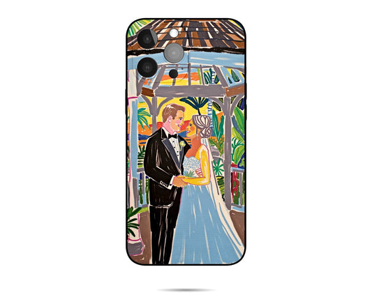 A custom wedding portrait iPhone case featuring an illustration of a bride and groom under a gazebo, creating a unique and sentimental keepsake.