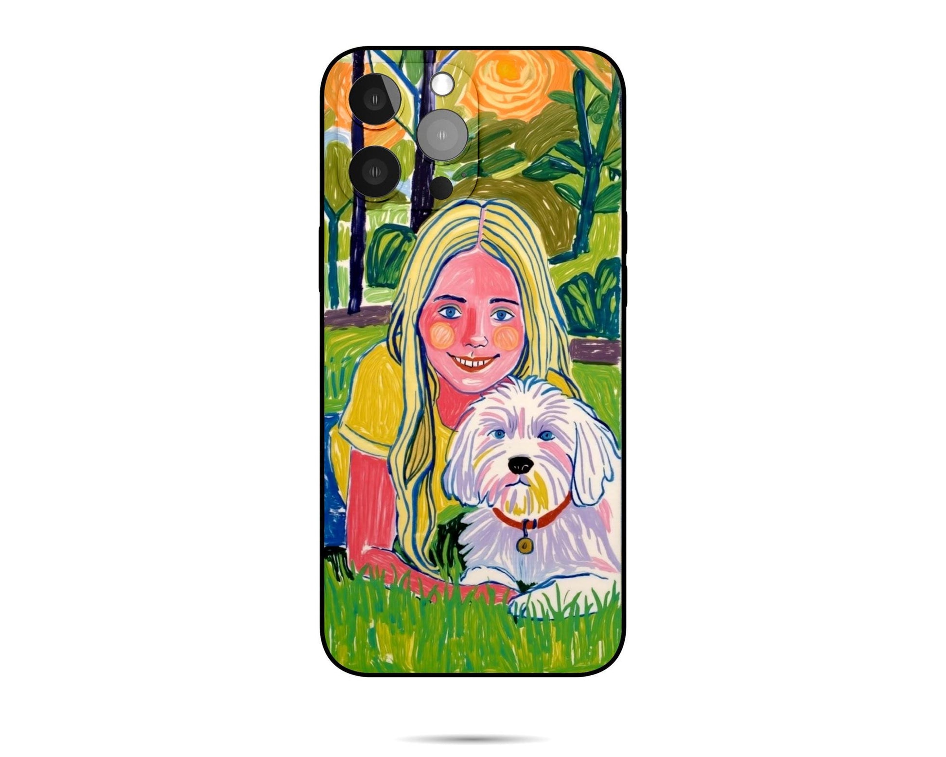 i​​Phone case featuring a blonde girl and her white dog on grass. Colorful park background, lively illustration, heartwarming pet gift.