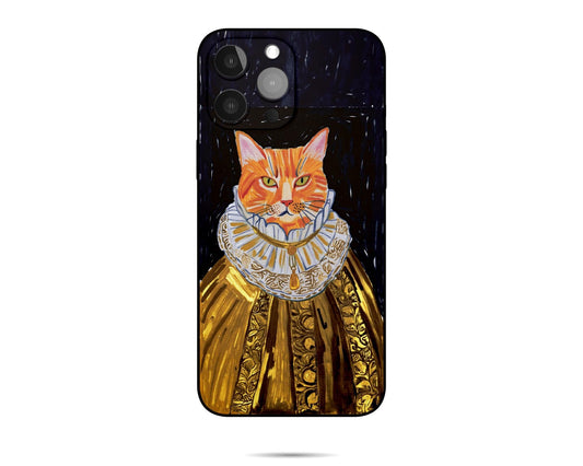 A custom pet portrait iPhone case featuring an orange tabby cat dressed in a regal golden gown with a ruffled collar, set against a dark, textured background.