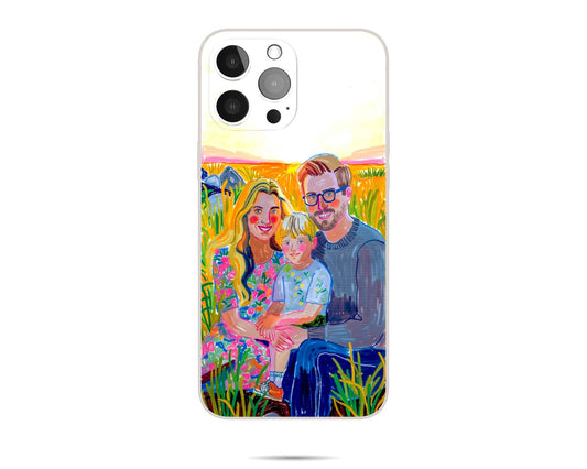 A clear phone case with a vibrant, hand - painted family of three portrait. A couple and child in a golden field at dawn/dusk, impressionistic style, bold colors. Fits phones with triple - lens cameras.