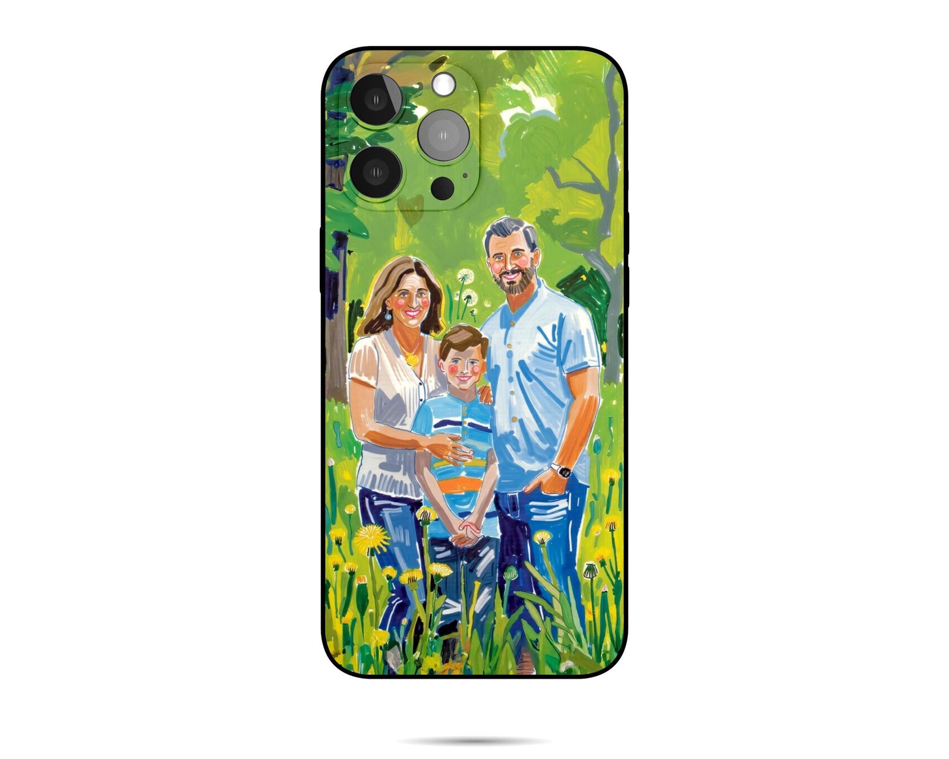 bordered phone case with a hand - painted family in a green outdoor setting. Expressive, colorful style. Central portrait, camera cutout, unique family gift.